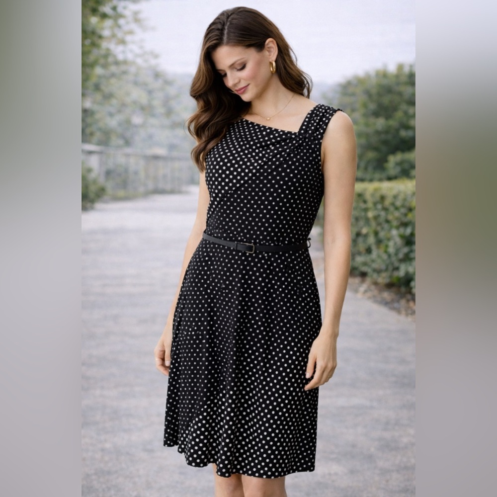 WHBM Dress 10 Black White Polka Dot Stretch Career Church Washable Belted NEW